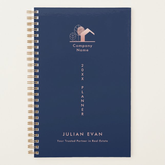 Elegant Navy Blue Rose Gold Non Dated 2025 Planner (Front)