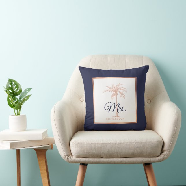 Elegant Navy Blue Rose Gold Palm Tree Wedding Mrs. Throw Pillow (Chair)