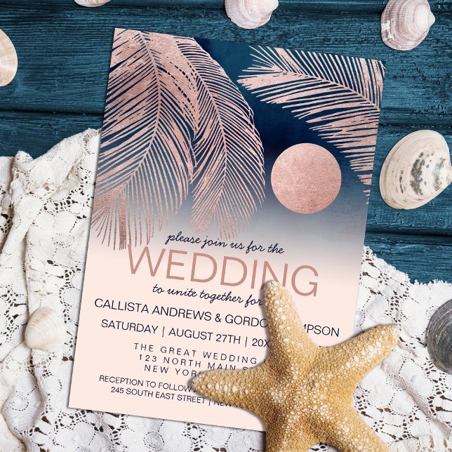 Elegant Navy Blue Rose Gold Pink Palm Tree Wedding Invitation (Creator Uploaded)