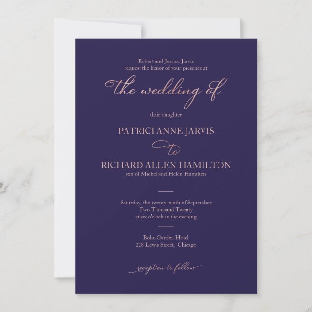 Elegant Navy Blue Rose Gold Script Classic Wedding Invitation (Front)
