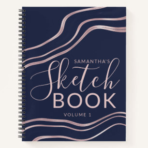 Elegant Navy Blue Rose Gold Sketchbook Your Name Notebook