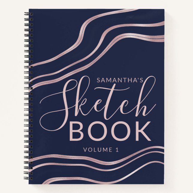 Elegant Navy Blue Rose Gold Sketchbook Your Name Notebook (Front)