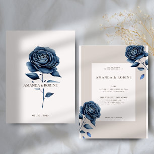 Elegant Navy Blue Rose Wedding Invitation