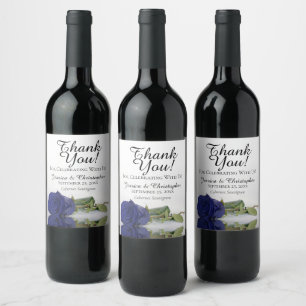 Elegant Navy Blue Rose Wedding Thank You Wine Label