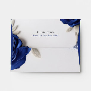 Elegant Navy Blue Roses & Silver Glitter Wedding Envelope