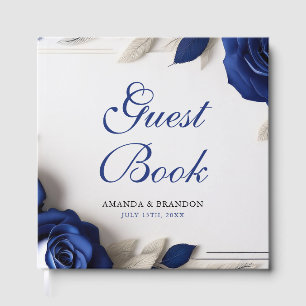 Elegant Navy Blue Roses & Silver Glitter Wedding Guest Book