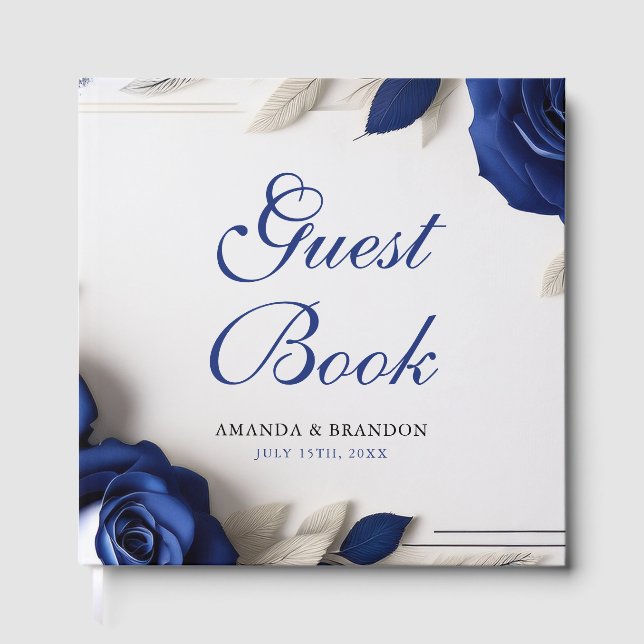 Elegant Navy Blue Roses & Silver Glitter Wedding Guest Book (Front)