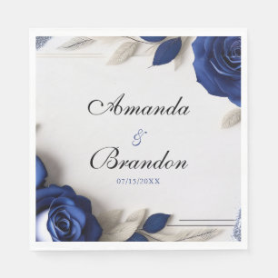 Elegant Navy Blue Roses & Silver Glitter Wedding Napkin