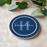 Elegant Navy Blue Round Custom Monogram Initial Coaster<br><div class="desc">Elegant round personalized beverage drink coaster design features a classic custom serif monogram initial in dusty blue with your last name / surname in modern white calligraphy script against a navy blue background. A simple white circle frames the design. Colour scheme can be customized to coordinate perfectly with your home...</div>