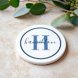 Elegant Navy Blue Round Monogram Script Coaster<br><div class="desc">An elegant sandstone coaster featuring a navy blue serif initial and custom family name in script, framed by a navy circle on a crisp white background. The classic navy and white palette delivers timeless, preppy sophistication for any home. A refined personalized gift for housewarmings, weddings, or nautical decor lovers. All...</div>