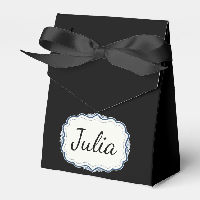 Elegant Navy Blue Scalloped Black Favour Boxes (Front Side)
