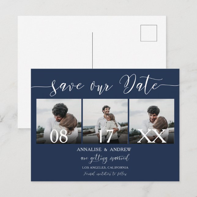 Elegant navy blue script 3 photos save the date postcard (Front/Back)