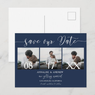 Elegant navy blue script 3 photos save the date postcard