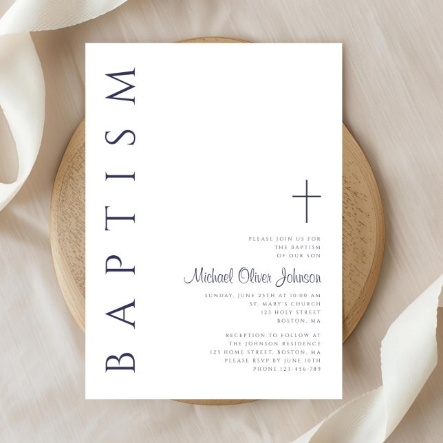 Elegant Navy Blue Script Baptism Invitation (Elegant Navy Blue Script Baptism Invitation)