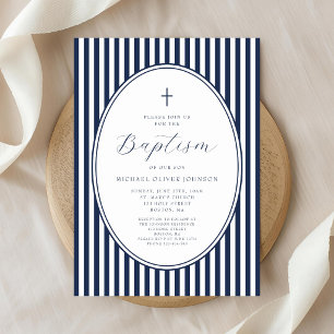 Elegant Navy Blue Script Boy Baptism Invitation