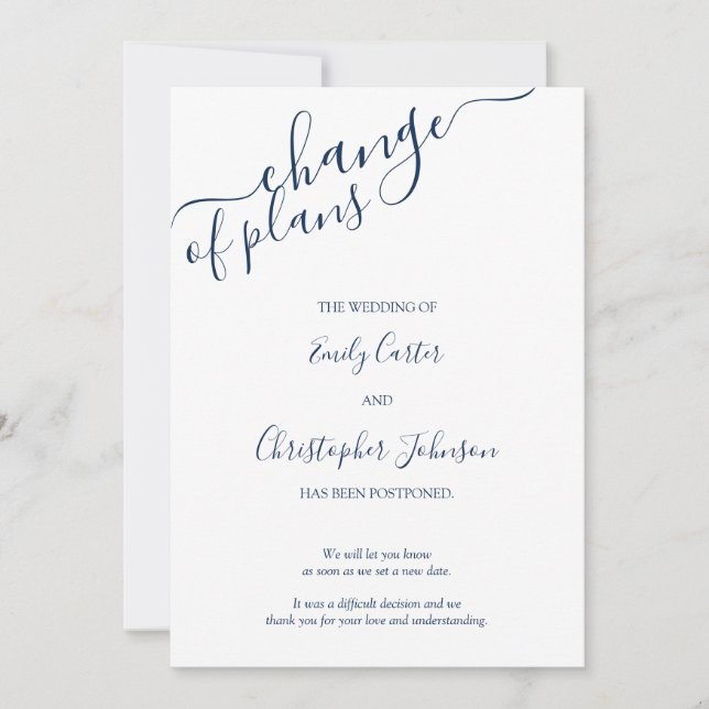 Elegant Navy Blue Script Change of Plans Card (Front)