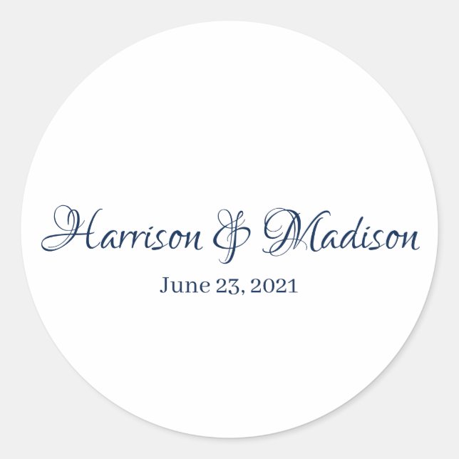 Elegant navy blue script custom Wedding favours  Classic Round Sticker (Front)