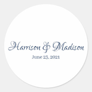 Elegant navy blue script custom Wedding favours  Classic Round Sticker