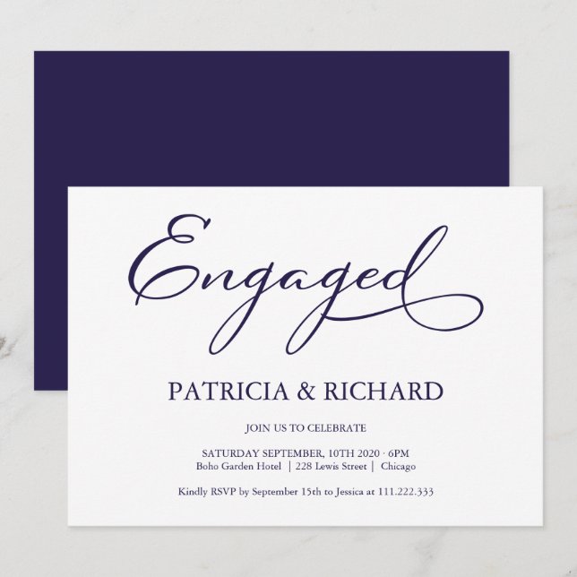 Elegant Navy Blue Script Engagement Party Invitation (Front/Back)