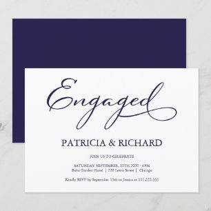 Elegant Navy Blue Script Engagement Party Invitation