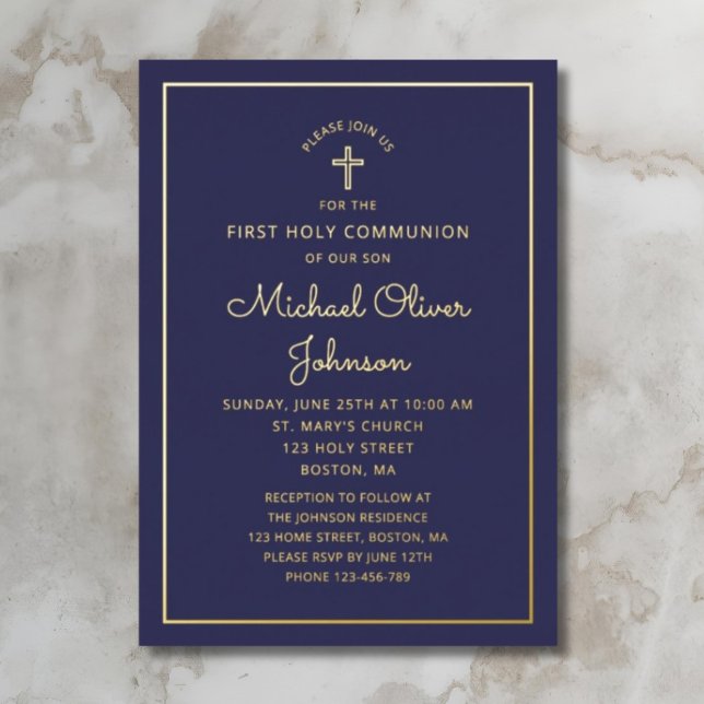 Elegant  Navy Blue Script First Communion Gold (Elegant Navy Blue Script First Communion Gold Foil Invitation)