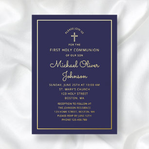 Elegant  Navy Blue Script First Communion Gold