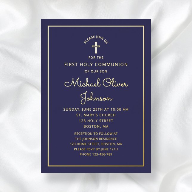 Elegant  Navy Blue Script First Communion Gold (Elegant Navy Blue Script First Communion Gold Foil Invitation)