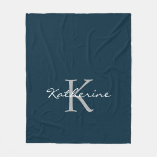Elegant Navy Blue Script Monogram Personalized Fleece Blanket