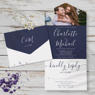 Elegant Navy Blue Script Monogram Photo Wedding All In One Invitation
