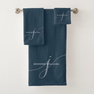 Elegant Navy Blue Script Monogram Typography Bath Towel Set