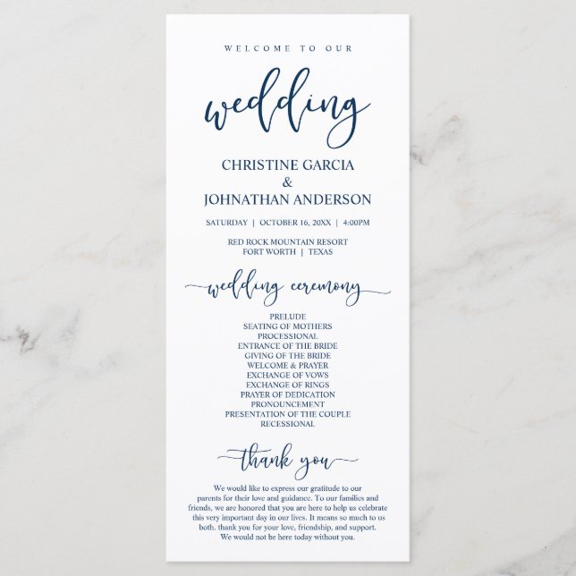 Elegant Navy Blue Script, Our Wedding Ceremony Program (Front)