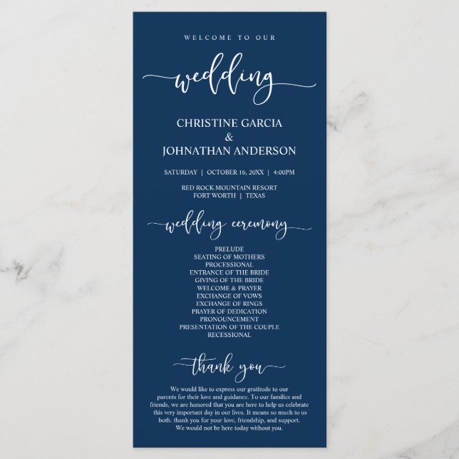 Elegant Navy Blue Script, Our Wedding Ceremony Program (Front)