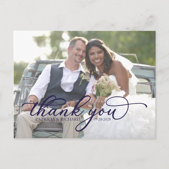 Elegant Navy Blue Script Photo Thank You Postcard (Front)