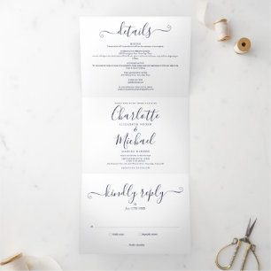 Elegant Navy Blue Script Photo Wedding Tri-Fold Invitation
