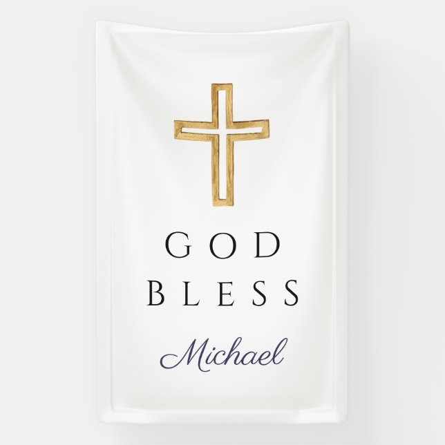 Elegant Navy Blue Script Religious Boy God Bless Banner (Vertical)