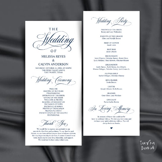 Elegant Navy Blue Script Wedding Ceremony Program (Elegant Navy Blue Script Wedding Ceremony Order Program Card)