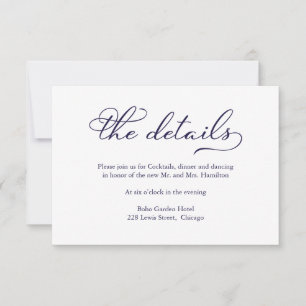 Elegant Navy Blue Script Wedding Details Card