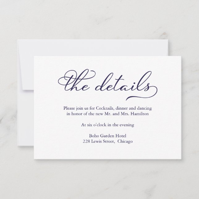Elegant Navy Blue Script Wedding Details Card (Front)
