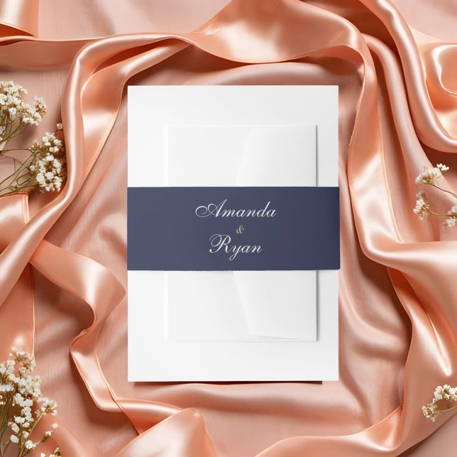 Elegant Navy Blue Script Wedding Invitation Belly Band (Creator Uploaded)