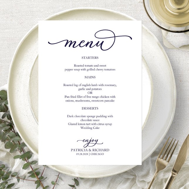 Elegant Navy Blue Script Wedding Menu (Creator Uploaded)
