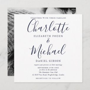 Elegant Navy Blue Script Wedding Photo Invitation