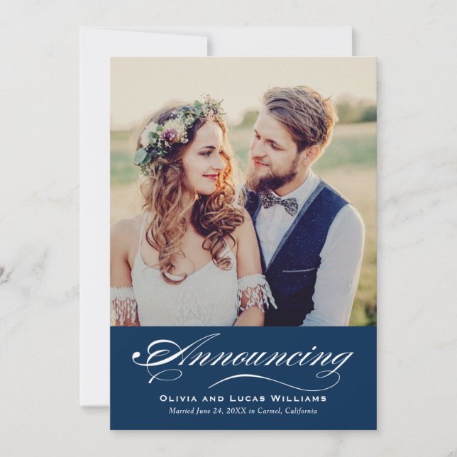 Elegant Navy Blue Script Wedding Photo Marriage Announcement (Front)