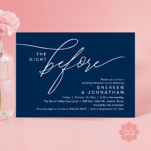 Elegant Navy Blue Script Wedding Rehearsal Dinner Invitation