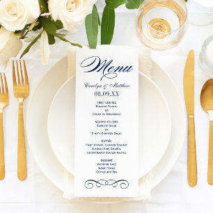 Elegant Navy Blue Scroll Wedding Monogram Menu