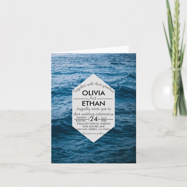 Elegant Navy Blue Sea Waves Wedding Invitation (Front)