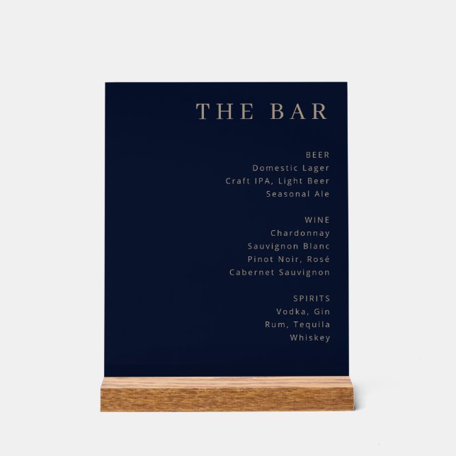 Elegant Navy Blue Serif Bar Menu Acrylic Sign (Front)