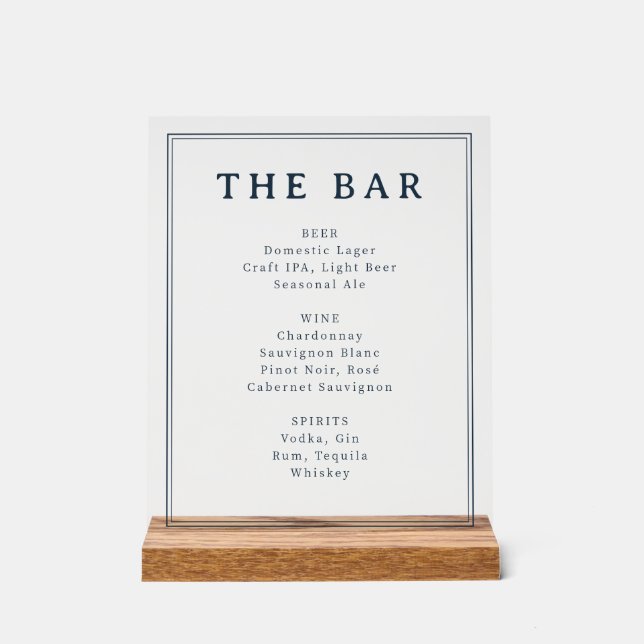 Elegant Navy Blue Serif Beverage Menu Acrylic Sign (Front)