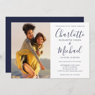 Elegant Navy Blue Signature Script Photo Wedding Invitation