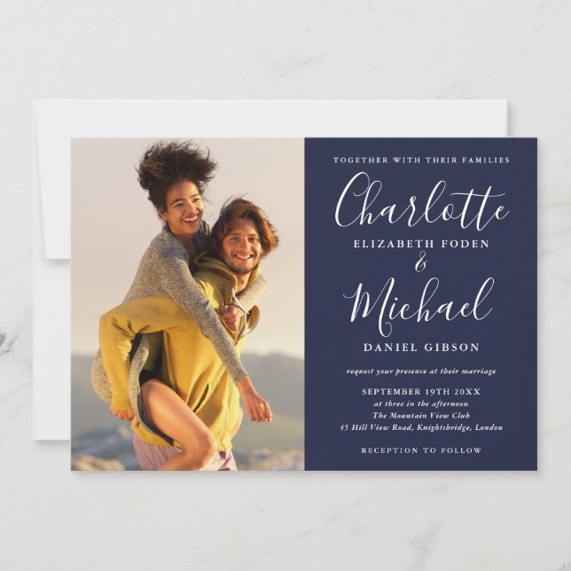 Elegant Navy Blue Signature Script Photos Wedding Invitation (Front)