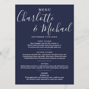 Elegant Navy Blue Signature Script Wedding Menu